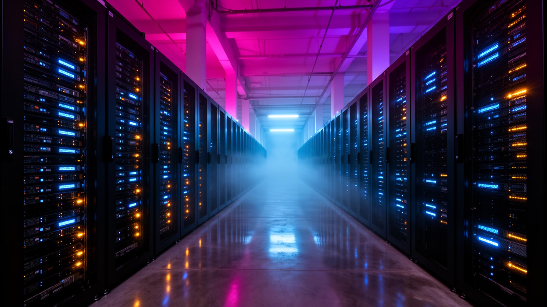 Long hot-aisle inside a Tier-class data center hall, signature purple ceiling lighting and rows of racks with status LEDs