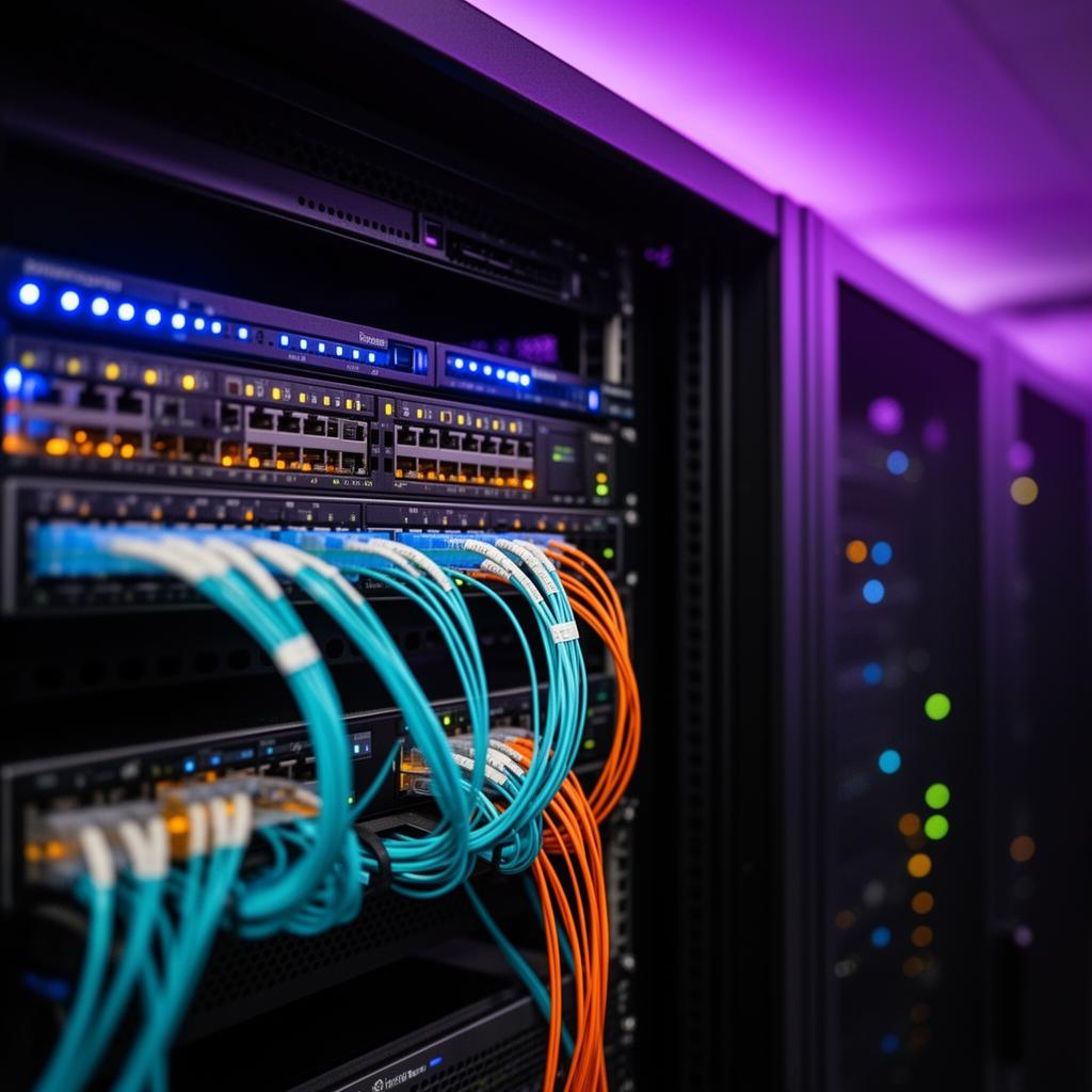 Close-up of a switching rack with neat fiber patch cabling in cyan and orange, glowing port LEDs